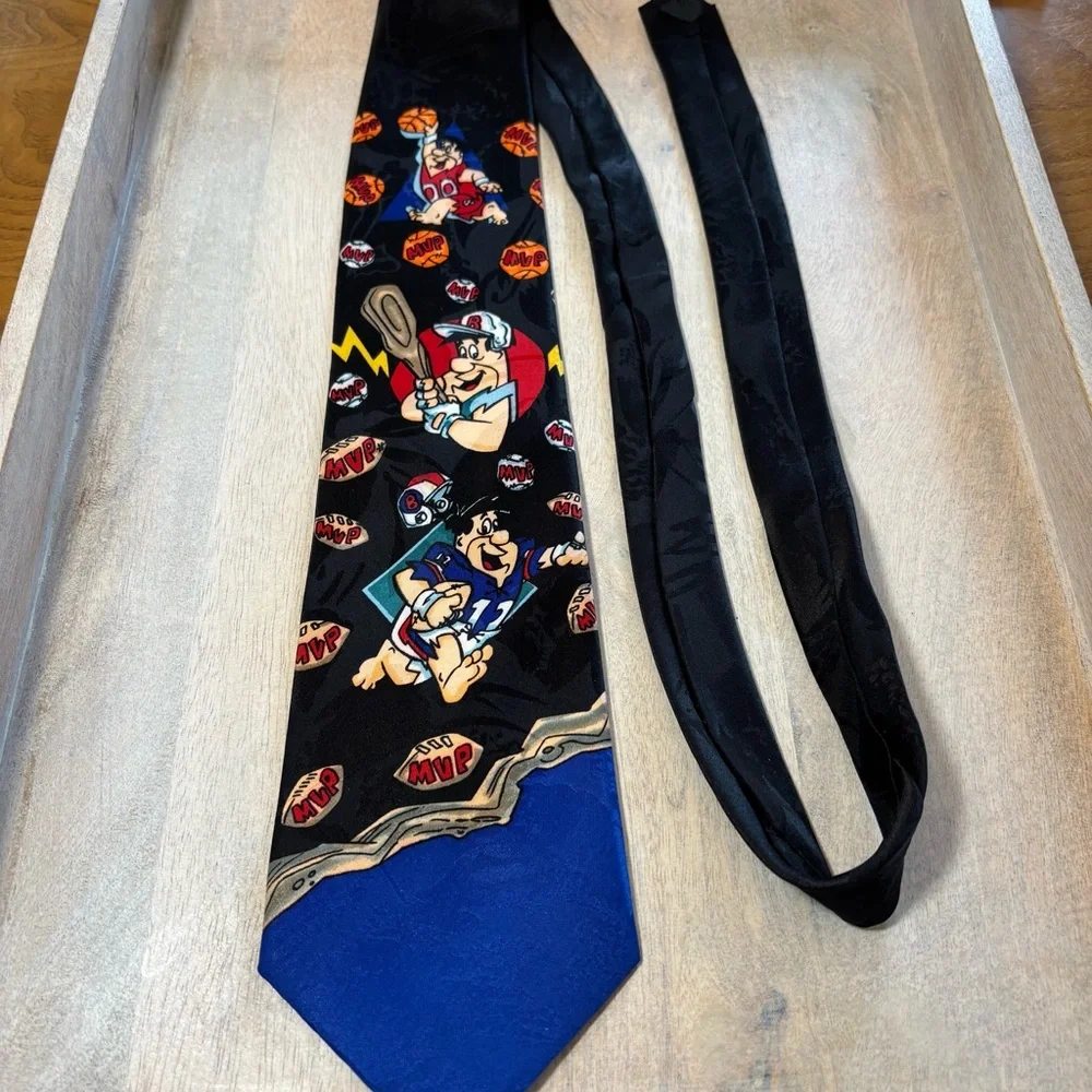 Hanna barbera Black and Blue mens tie Fred Flintstone football‎ basketball 1993